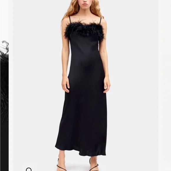NWT Sleeper Boheme black midi slip dress feather trim - Picture 2 of 8